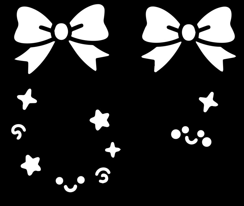 May include: White silhouette illustrations on a black background. The image features two bows at the top, with a series of stars, swirls, and smiling faces arranged in a circular pattern below the bows. The design is simple and graphic.