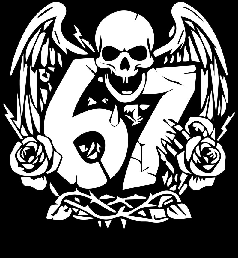 May include: A black and white graphic design featuring a skull with wings, the number 67, roses, and lightning bolts. The skull has an open mouth and is surrounded by decorative elements.