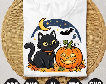 Gato negro de Halloween PNG, imágenes prediseñadas de gato calabaza kawaii, diseño de sublimación de otoño espeluznante, descarga digital de calabaza de Halloween