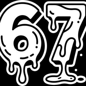 May include: A black and white graphic featuring the numbers 67. The numbers have a dripping effect, with white outlines and a black background. The design is bold and eye-catching.
