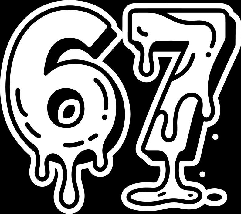 May include: A black and white graphic featuring the numbers 67. The numbers have a dripping effect, with white outlines and a black background. The design is bold and eye-catching.