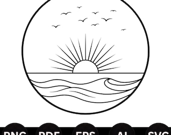 Sunset Over Ocean SVG, Coastal Line Art, Beach Scene Clipart, Cricut Cut File, Laser Cut Design, Summer SVG Bundle