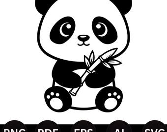Lindo bebé panda sosteniendo bambú (SVG, PNG): Decoración para habitación infantil, regalo para amantes de los animales, diseño para camiseta, archivo de corte, descarga instantánea.