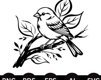 Gorrión SVG, PNG: lindo pájaro cantor del bosque en una rama florida, amante de la naturaleza primaveral. Archivo de corte Cricut, sublimación, descarga instantánea.