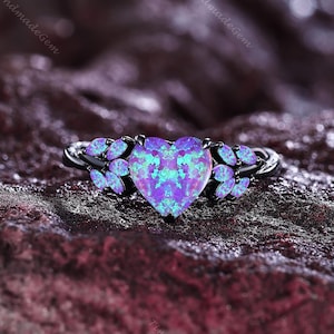 Heart Lavender Purple Opal Engagement Ring Unique Twisted Wedding Ring Black Gold Cluster Ring Bridal Promise Ring October Birthstone Ring