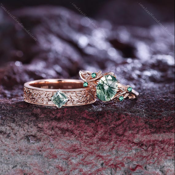 18k Rose リング アメカジ ネイティブアクセサリー Nature Inspired Moss Agate Couple Rings Unique Rose Gold Vine Leaf