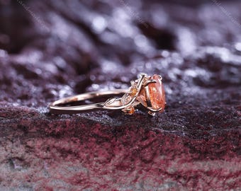 Nature Inspired Moss Agate Couple Rings Unique Rose Gold Vine Leaf