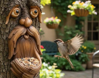 気まぐれな木の顔、屋外ガーデンオーナメント。木の男の壁面彫刻。妖精