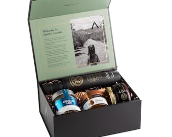 Caja de regalo gourmet griega: aceite de oliva virgen extra, miel de azahar, pasta de aceitunas y mezcla de hierbas del Egeo / Regalo gourmet de Laconic Foods