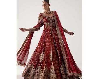 Pakistańska czerwona suknia ślubna Pishwas lub Lehenga Choli, indyjska suknia ślubna Nikkah, strój na zaręczyny Walima Bridal Lehenga Party, strój dla gości