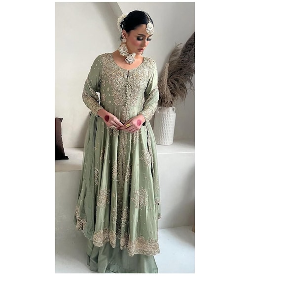 Pastel Sage Green Pakistani Wedding Sharara , Embroidered Anarkali Gown , Nikkah Walima Reception Dress , Muslim Bridal Outfit
