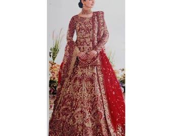 Vestido largo de novia rojo, vestido de novia pakistaní, atuendo para Nikkah musulmán, lehenga de novia india, atuendo para recepción de Walima, vestido Anarkali