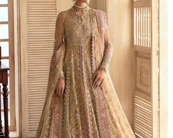 Champagnergoldenes pakistanisches Hochzeitskleid, luxuriöses Braut-Maxikleid für Nikkah, Walima, Verlobung, Empfang, Lehenga, muslimische Brautmode