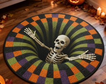 Halloween 3D Optical Illusion Round Rug, Spooky Skeleton Vortex Carpet ...