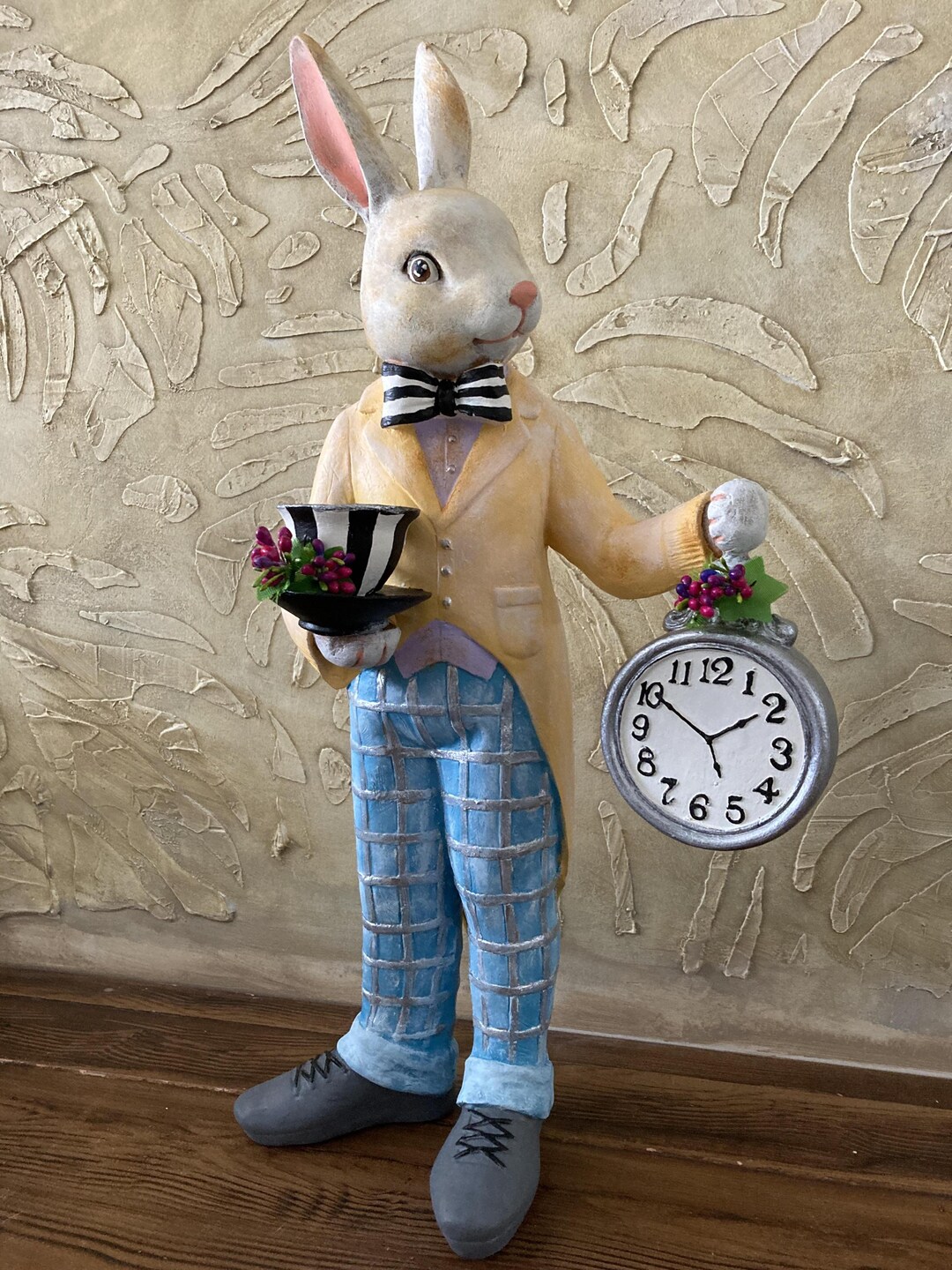 Hand-painted Polyester Rabbit Figurine With Clock and Teacup, Whimsical ...