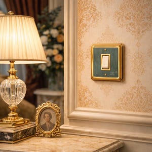 May include: An ornate interior scene featuring a gold-framed light switch with a teal center and a white switch. A crystal lamp with a gold base sits on a marble-topped table, alongside a framed portrait. The wall has a patterned design.