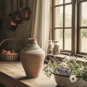 Jarra de terracota anatolia vintage: vasija de cerámica rústica turca, arte popular artesanal para decoración del hogar.