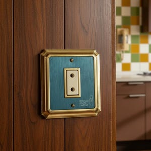 May include: A retro light switch with a teal faceplate and a gold-coloured frame, fixed to a dark wood panel. The switch is off-white with two small holes. The text "KORUYUCU JELATINI ÇIKARTINIZ" is visible on the teal plate.