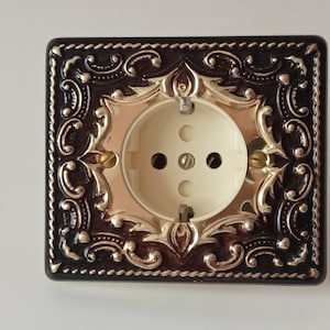 May include: Ornate electrical outlet with a square, dark brown frame and a cream-colored center. The frame features a detailed, silver-colored scrollwork design. The outlet has two holes and two metal prongs.