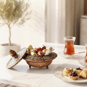 May include: A round, dark-toned metal bowl with a matching lid, featuring gold-painted leaf patterns and small feet, filled with wrapped candies. Beside it are two clear glass cups of amber tea on saucers and a plate with small pastries.