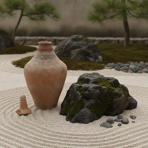 May include: A terracotta-colored ceramic vessel with a narrow neck and textured horizontal bands, positioned next to a small broken ceramic fragment and a large dark rock covered in patches of green moss on a bed of raked light-colored sand.
