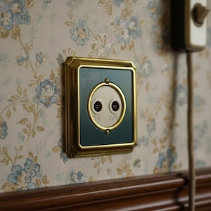May include: A vintage wall outlet with a teal faceplate and gold trim, labeled "TV RAD." The outlet is mounted on floral wallpaper with a matching light switch nearby. The design evokes a retro aesthetic.