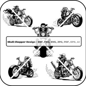 Könnte beinhalten: Schwarz-Weiß-Illustration eines Schädels, der ein Chopper-Motorrad fährt. Das Bild enthält den Text "Skull Chopper Design | DXF, PNG, SVG, JPG, PDF, EPS, AI". Das Design zeigt mehrere Motorradillustrationen.