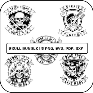 Könnte beinhalten: Ein schwarz-weißes Schädel-Bundle-Grafik mit fünf Designs. Jedes Design zeigt einen Schädel mit verschiedenen Elementen wie Kolben, Schraubenschlüsseln und Flügeln. Der Text enthält "Speed Demon", "Garage Customs", "Street Devil", "Ride Free" und "Ride or Die".