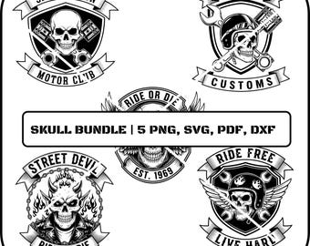 May include: A black and white skull bundle graphic with five designs. Each design features a skull with various elements like pistons, wrenches, and wings. Text includes "Speed Demon", "Garage Customs", "Street Devil", "Ride Free", and "Ride or Die".