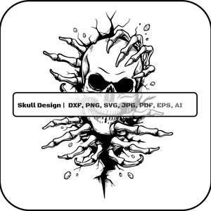 Puede incluir: Un diseño de calavera en blanco y negro con manos esqueléticas rompiendo una superficie agrietada. La imagen incluye el texto "Skull Design | DXF, PNG, SVG, JPG, PDF, EPS, AI". El diseño es adecuado para diversas aplicaciones.