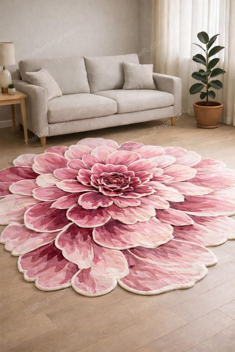 Hand Tufted Wool Flower Rug – Pink Boho Floral Carpet for Bedroom ...