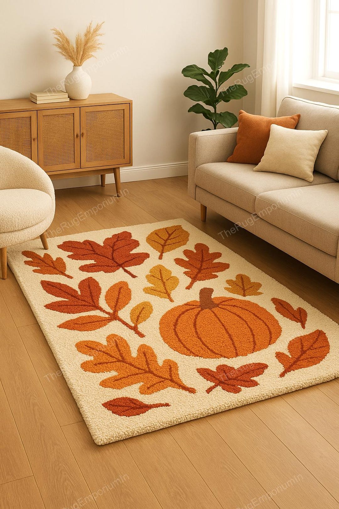 Hand Tufted Wool Rug: Halloween Pumpkin & Fall Leaves Carpet Handmade ...