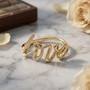 925 Silver Cute Love Ring, Script Love Ring, Dainty Cursive Letter Ring, Stackable Ring, Minimalist Statement Ring, 18k Gold Plated Ring
