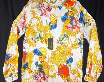 White and gold baroque 100% silk button-up long sleeve