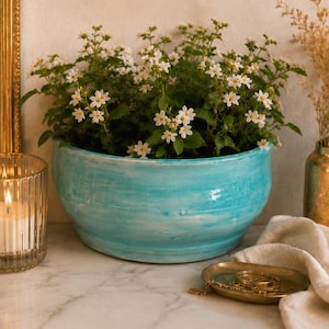 Jardinière en céramique faite main – Cache-pot artisanal bleu turquoise – Pot pour plantes et fleurs – Décoration intérieure