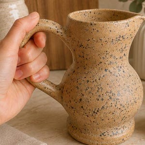 Puede incluir: Jarra de cerámica beige moteada, con cuerpo redondeado y asa curva. La jarra tiene un pequeño pico y está sujeta por una mano. La jarra mide aproximadamente 18 cm de altura.