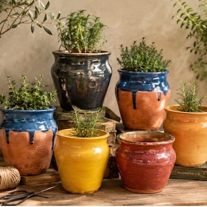Puede incluir: Seis macetas de cerámica en varios colores, incluyendo azul, amarillo y rojo, cada una llena de hierbas verdes. Las macetas tienen un acabado rústico y vidriado y están dispuestas sobre una superficie de madera, creando una estética natural y encantadora.