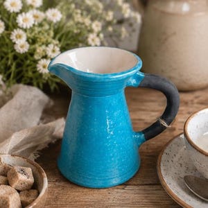 Puede incluir: Una pequeña jarra de cerámica turquesa con un asa negra. El interior es blanco. La jarra forma parte de un juego de té, con una taza y un platillo visibles en el fondo. La jarra está sobre una superficie de madera.