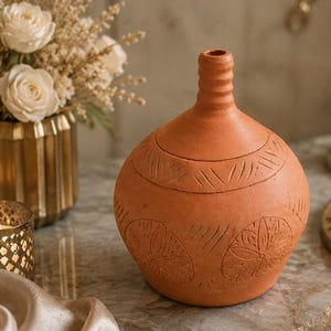 Peut inclure: Un vase artisanal de couleur terre cuite, avec un corps arrondi et un col étroit et strié. Le vase présente des motifs floraux et géométriques gravés autour du corps. Le vase est exposé près d'un vase doré avec des fleurs blanches et une bougie allumée.