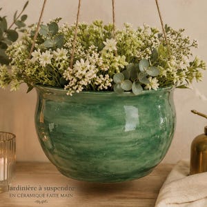 Grande jardinière murale en céramique faite main – Cache-pot suspendu artisanal vert – Pot mural pour fleurs et plantes – Déco intérieure