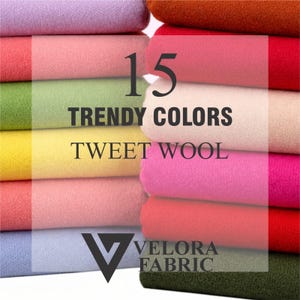 Puede incluir: Montones de tela de lana tweed colorida en varios tonos, incluyendo rosa, verde y amarillo. La imagen muestra el texto "15 Trendy Colors Tweet Wool" y el logotipo de Velora Fabric.