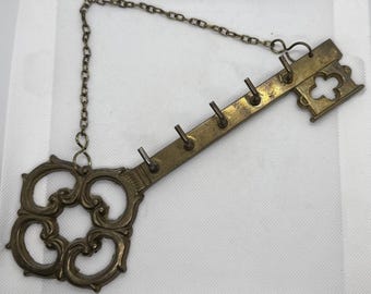 Vintage Cast Brass Key Holder 9" Skeleton Key 5 Hooks