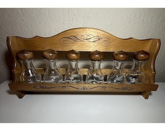 Vtg MCM Wood Spice Rack 6 Glass Jars Acorn Mushroom Lids Hanging Standing