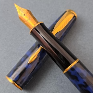Puede incluir: Primer plano de una pluma estilográfica con plumín y detalles dorados. El cuerpo del bolígrafo es negro y azul con un patrón veteado. El capuchón está quitado, revelando el plumín y la palabra "PARKER".