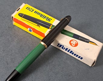PELIKAN 120 (Merz & Krell) Green - Black c1970s Germany Fountain Pen GP EF Nib In Original Box