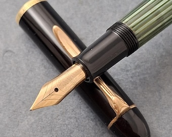 Pelikan 140 Celulloid Green Striped Piston Filler KF Gold Nib Germany ~50s Vintage