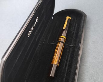 Pelikan M400 Brown Striped Old Style , Fountain Pen, Gold F Nib Germany Vintage EX