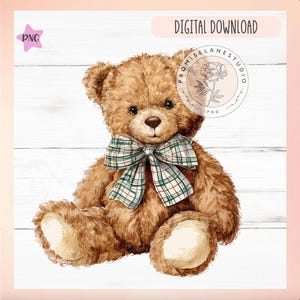 May include: A digital illustration of a brown teddy bear with a plaid bow tie. The bear is sitting on a white wooden background. The words "DIGITAL DOWNLOAD" are at the top. A logo with the text "PROMISELANESTUDIO" is on the right.
