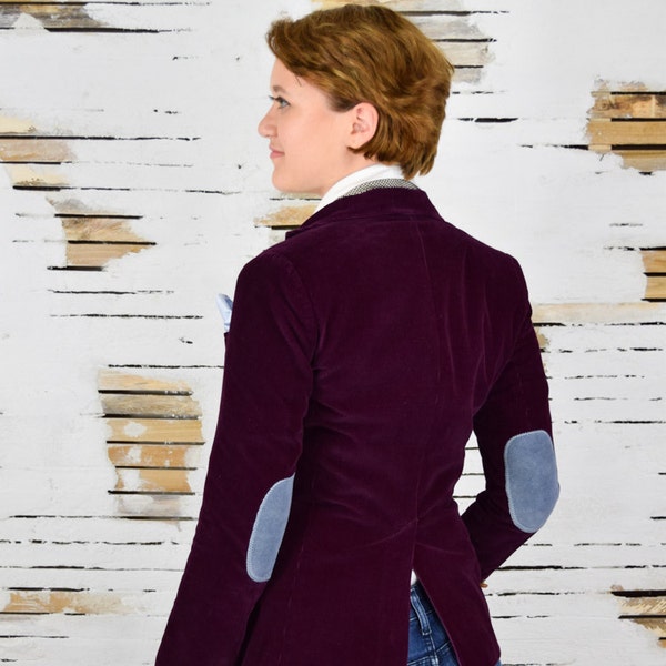 Size 6 / Medium Upcycled Women's Deep Reddish Purple Corduroy Blazer with Rock It Again's Own Genuine Suede Elbow Patches