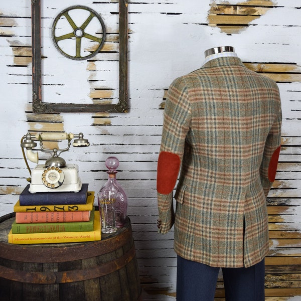 40R Plaid Tweed Blazer With Rock It Again Custom Sewn Genuine Suede Burnt Orange Elbow Patches